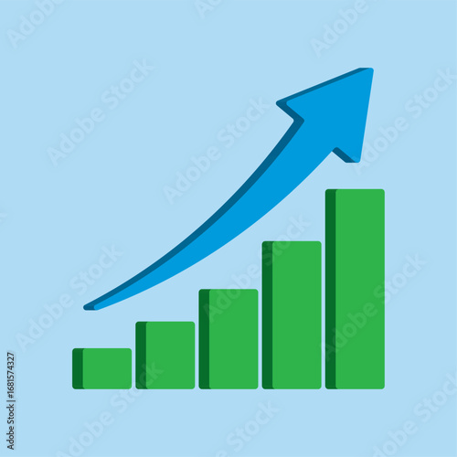 Upward stepping 3d blue arrow. Growth Bar green stairs step to growth success vector illustration on blue. Progress way and forward achievement creative concept. 3d Bar graph of green bars.