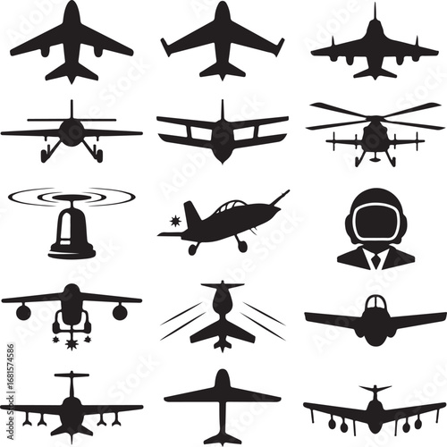 Aircraft and Aviation Icons Set Silhouette Vector Including Planes and Helicopter airplane