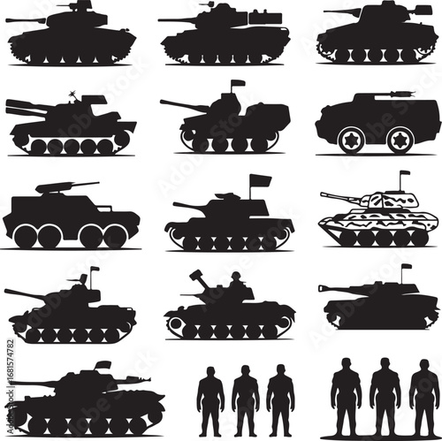 Military Tank Silhouettes Collection Including Various Models and Soldiers army vehicle