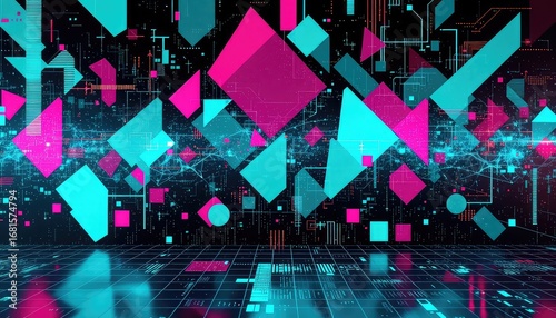 Abstract technology backdrop with vibrant pink and turquoise geometric forms, lines, and intricate patterns on a dark background