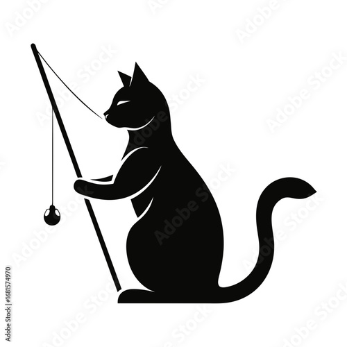 Black cat playing with a fishing rod toy silhouette