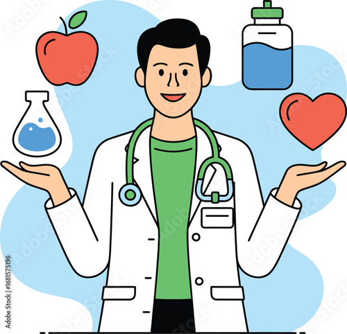 Doctor promoting healthy lifestyle with apple heart water and medical equipment