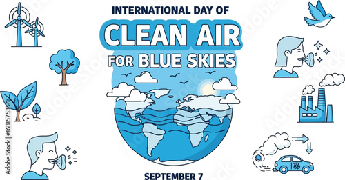 International day of clean air for blue skies poster with earth and environmental elements around it