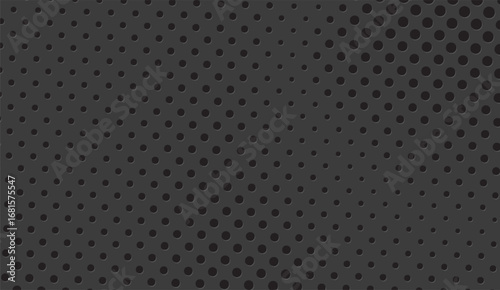 This striking black metal mesh showcases a repeating pattern of circular perforations varying in size, perfect for backgrounds, textures, or industrial design elements and applications