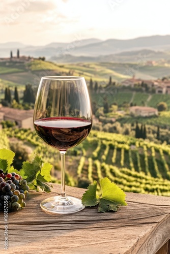 Wallpaper Mural Beverage close to grapes with rural vineyard landscape. Glass filled by red beverage on aged wooden board overlooking vineyards Torontodigital.ca