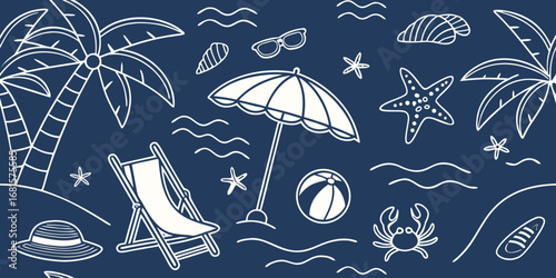 Seamless summer beach vacation pattern with tropical ocean, sand, and beach accessories illustration, perfect for a relaxing holiday travel background