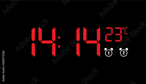 The image displays a digital clock showcasing 14:14 and a temperature of 23°C, complemented by two alarm icons, all vividly presented in bright red against a stark black backdrop