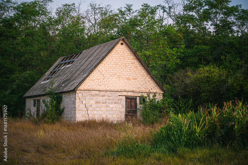 Fototapeta premium Dilapidated village house with decorative wooden gable