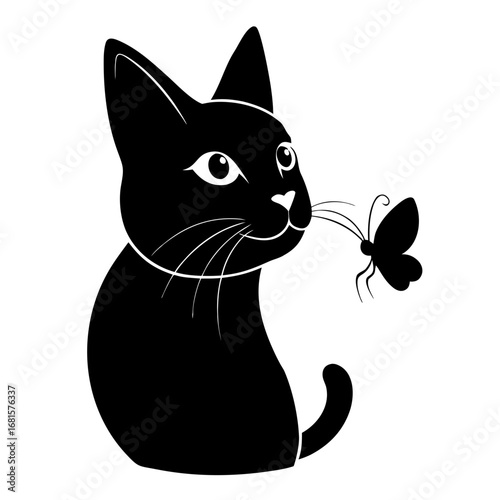 Black cat silhouette curiously sniffing a butterfly silhouette