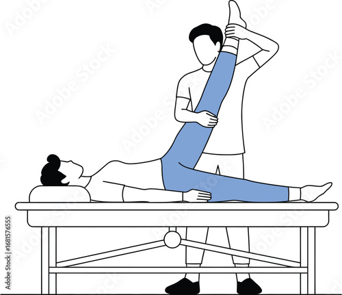 Physical therapist assisting patient with leg stretch on examination table