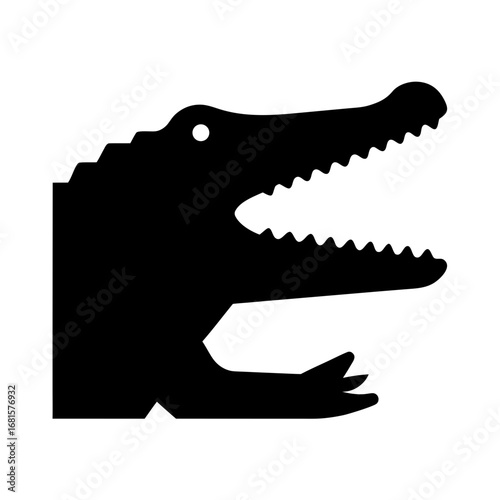 Black silhouette of an alligator with open jaws and sharp teeth silhouette