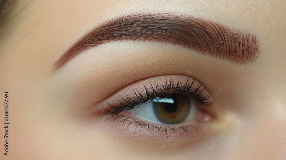 Obraz premium Close-up of a woman's eyes with well-defined eyebrows, full lashes, and smooth skin, highlighting meticulous grooming. Concept of beauty, eyebrow shaping kit, grooming and natural brow look.
