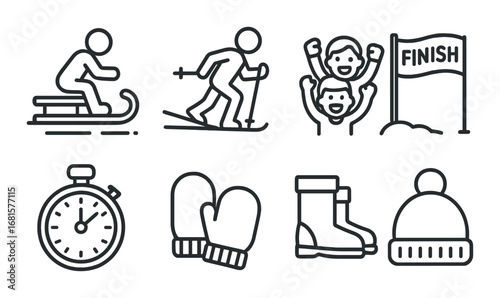 Winter sports and activities icons: sledding, skiing, happy faces, finish line, stopwatch, mittens
