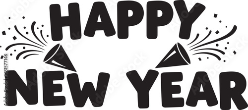 A bold, black-and-white graphic proclaiming 'Happy New Year,' flanked by stylized firework bursts. The design is suitable for celebratory greetings.