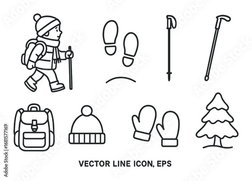Winter hiking gear icons: backpack, hat, gloves, walking stick, tree
