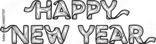 A sophisticated black and white graphic featuring the text 'Happy New Year' with ornate, decorative flourishes. Perfect for holiday greetings, invitations, or celebratory designs.