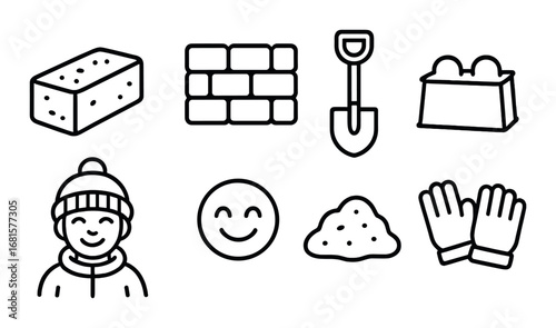 Construction tools and smiling female worker icon set