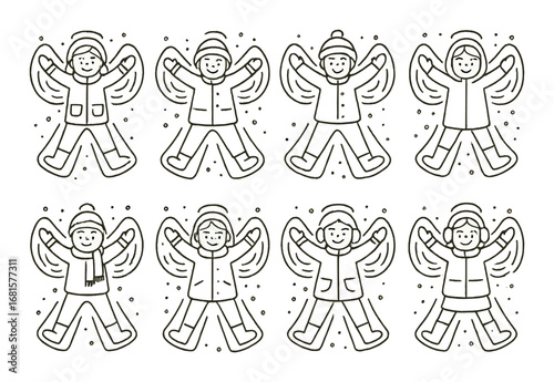 Illustration of diverse children making snow angels in winter attire
