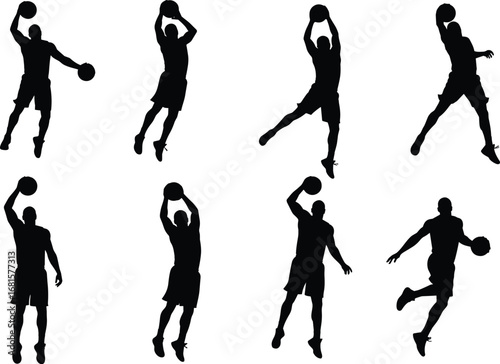 Wallpaper Mural Basketball player silhouettes in action poses, dribbling, shooting, jumping, sports vector design, athletic movement illustration, CAD drawing flat vector illustration Torontodigital.ca