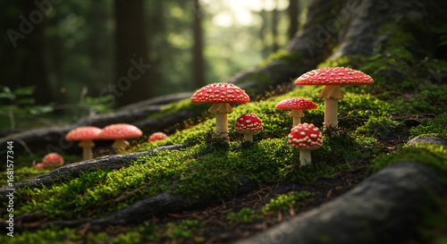 Enchanting fly agaric mushrooms sprout from mossy forest floor, adding a touch of magic to nature scenes