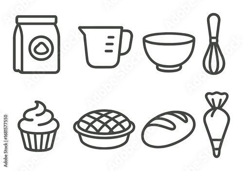 Outline icons of baking tools and pastries with dark background