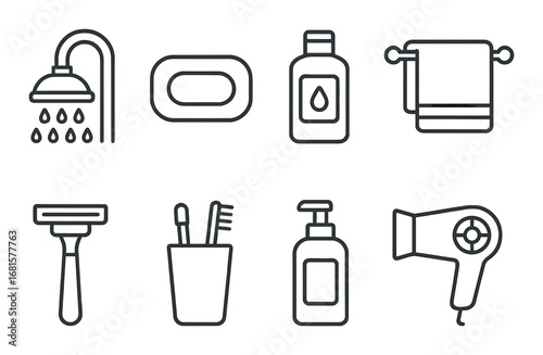 Monochrome bathroom essentials: shower, soap, towel, razor, brush, lotion, hairdryer