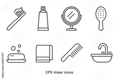 Outline icons of bathroom essentials: toothbrush, mirror, comb, soap, sink