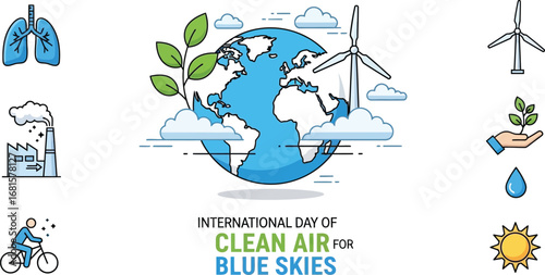 International day of clean air for blue skies with earth and environmental icons around it