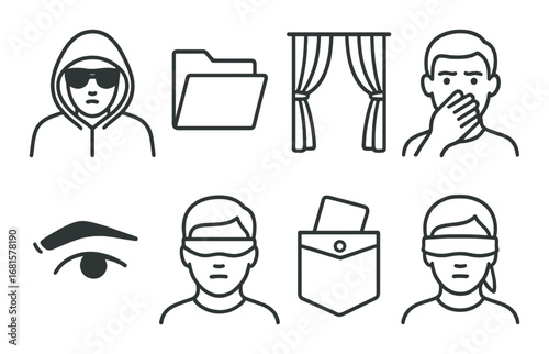 Abstract privacy symbols: hooded figure, files, eye, and blindfolded faces