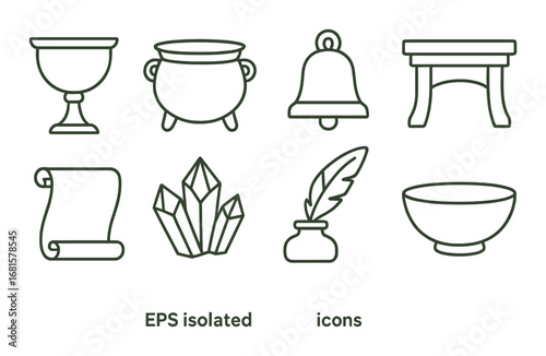 Ornate icons collection featuring chalice, cauldron, bell, stool, scroll, crystals, quill, bowl