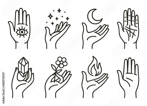 Mystical hand symbols: eye, stars, moon, lines, crystal, flower, fire, open palm