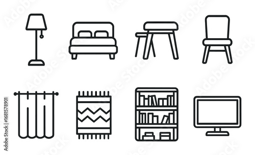 Minimalist furniture icons: lamp, bed, desk, chair, curtain, rug, bookshelf, monitor