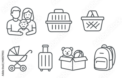 Family travel icons: parents and child, luggage, and accessories