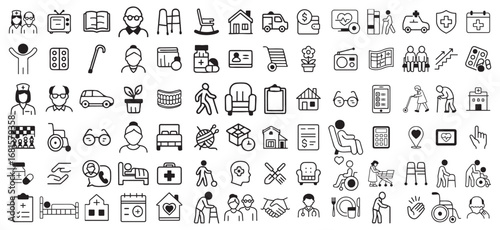 Elderly Vector Line Icons Set. Old, containing retirement, senior, grandparents, wheelchair, caregiver, and more. Vector modern illustration. Editable modern stroke