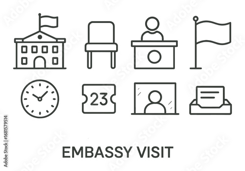 Embassy visit symbols: building, flag, chair, ticket, office, clock
