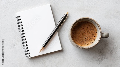 Coffee break with notebook and pen