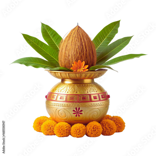 Golden kalash with coconut and mango leaves for traditional indian puja ceremony and religious rituals transparent background