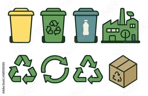 Recycling bins and symbols on green background with factory and box illustrations