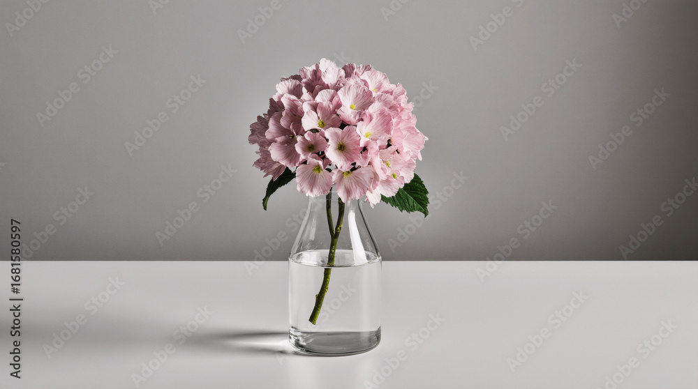 Fototapeta premium Single pink hydrangea flower in glass vase on gray background elegant minimal fresh floral decor 