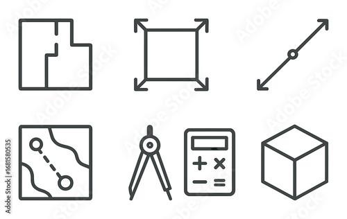 Technical icons set featuring blueprint, dimension, and geometry tools
