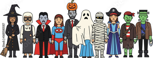 A group of people dressed in halloween costumes standing in a row against a beige background vector art
