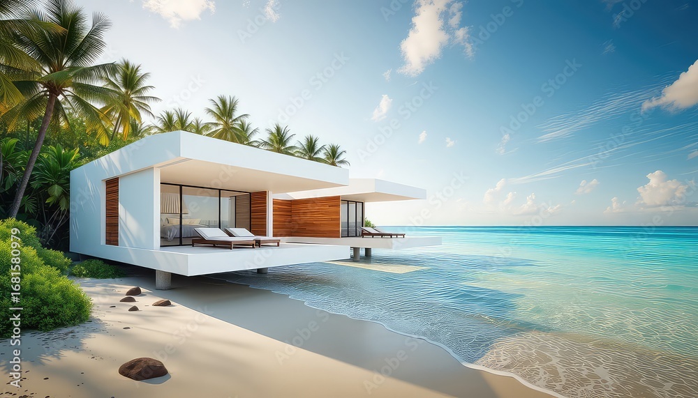 Fototapeta premium Dreamy oceanfront residence with private beach and turquoise water views under a clear sky surrounded by swaying palm trees and lush vegetation