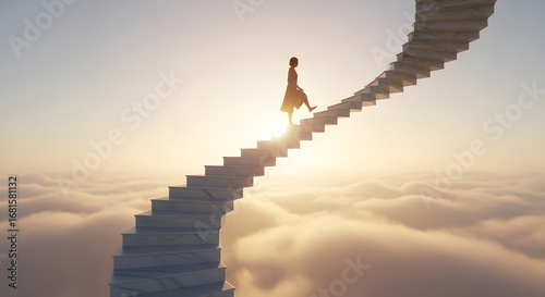A person ascends a winding staircase, rising above a sea of clouds towards a brilliant sky, embodying the journey of ambition, personal growth, and the pursuit of dreams
