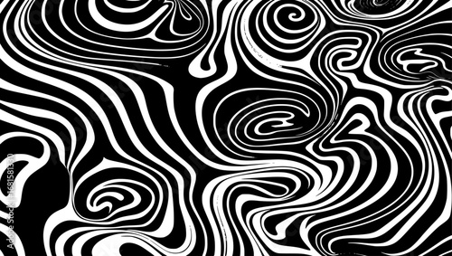 Swirling black and white pattern creates optical illusion with dynamic, wavy lines, forming a hypnotic and abstract, high-contrast visual experience