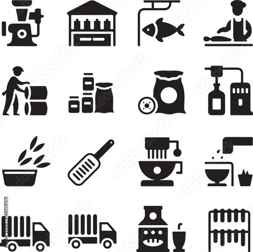 Food processing and industrial equipment icons in silhouette style Keywords: food processing