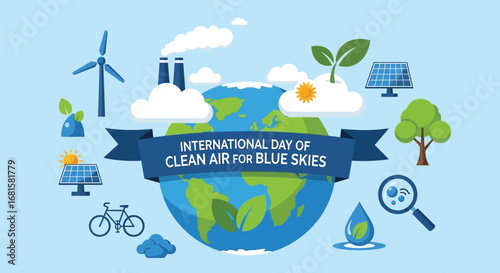 Illustration for international day of clean air with earth and green energy icons