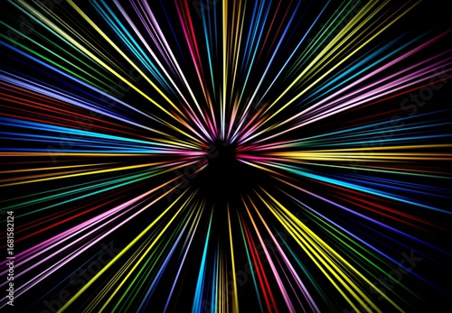 Abstract surface of radial blur zoom in pink, yellow, blue, tones on a black background. creating bright, multi-colored light stripes with cosmic and dynamic energy.