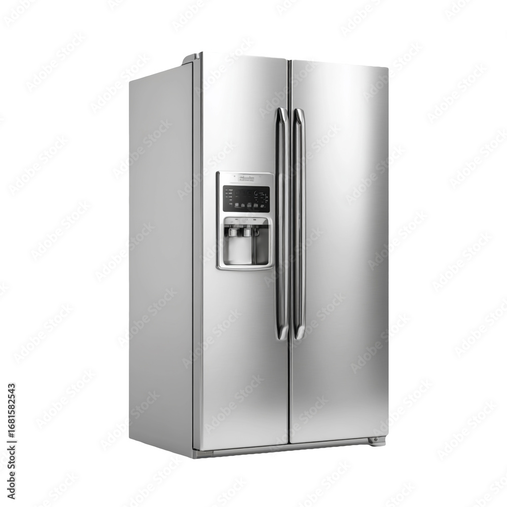 Fototapeta premium Modern stainless steel side-by-side refrigerator with ice and water dispenser transparent background