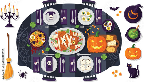 A halloween themed dinner table with spooky food decorations and halloween related objects around it