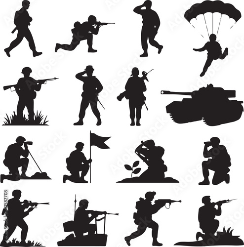 Soldier silhouettes with weapons tank and parachute jump military army